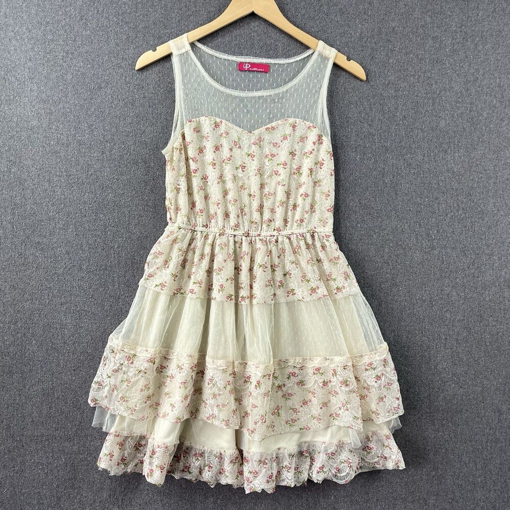 UpByUltraPink Women S Floral Lace Tulle Dress Ivory Pink Sleeveless Fit & Flare - Picture 2 of 9